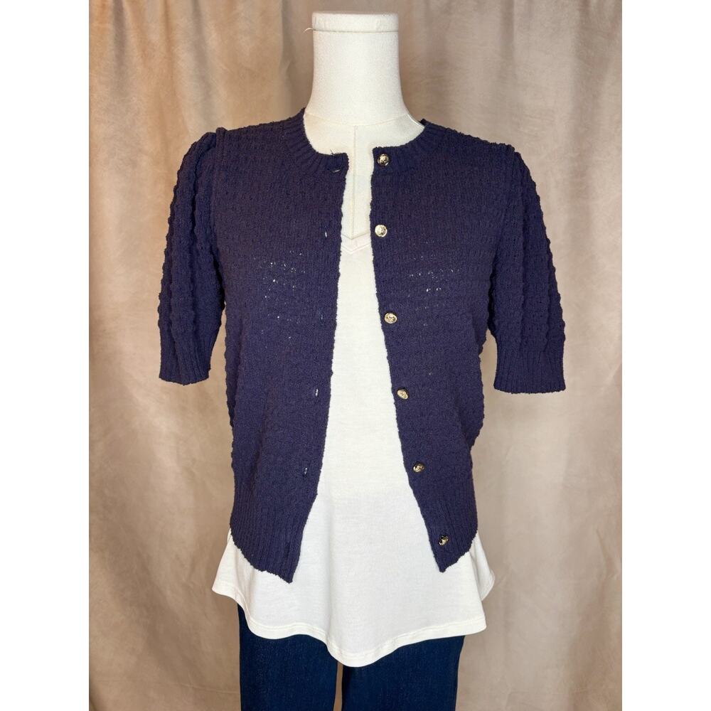 Free Assembly Blue Knit Cardigan Puff Sleeve Cottagecore Sweater Top Small